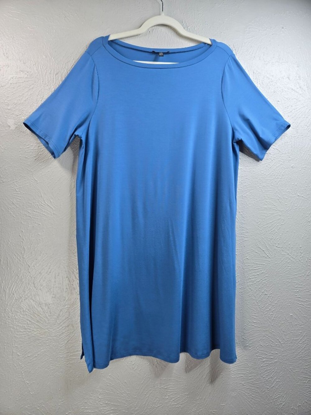 Eileen Fisher Tunic Dress Lg Blue Short Sleeve Jersey Knit Side Slit Minimalist